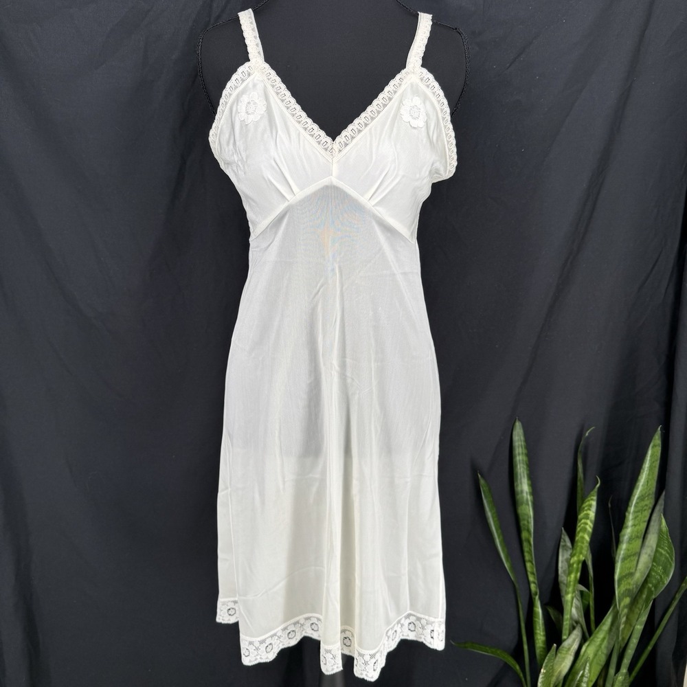 Vtg Babydoll Slip Dress S Coquette Romantic Layering Nylon Lace Trim Semi Sheer